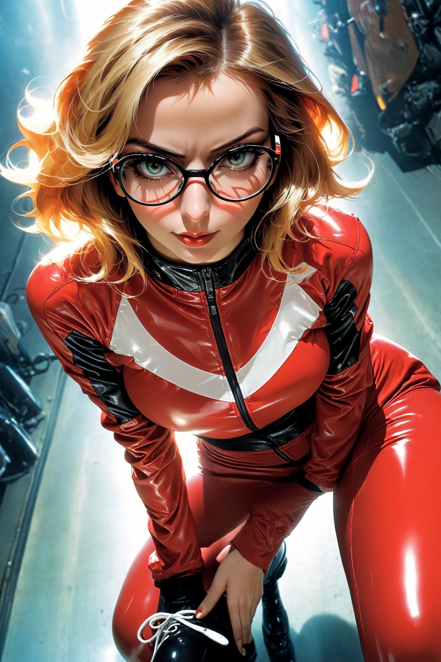 poster of a sexy   [, glasses, track jacket, red pants, large breasts  ], ,  very_high_resolution, latex clothing uniform, eye angle view,  , designed by  Dave Mckean,aw0k nsfwfactory,aw0k magnstyle,danknis,sooyaaa,Anime ,IMGFIX

