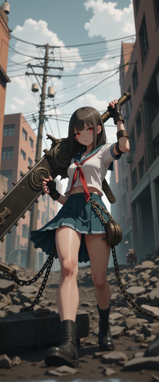 A gritty GOD EATER scene: A petite Japanese girl in a sailor school uniform miniskirt stands strong amidst the ruins of a dystopian cityscape. She brandishes an imposing, intricately detailed mechanical chainsaw-like sword with gears and rivets, its steely sheen contrasting with her fragile features. Her chained hand adds an eerie touch to her menacing aura. The desolate backdrop of dilapidated buildings, power lines, and gray skies amplifies the post-apocalyptic atmosphere. Her exquisite facial features glow amidst the ruin, as she exudes a sense of powerful danger.,ct-sensanime