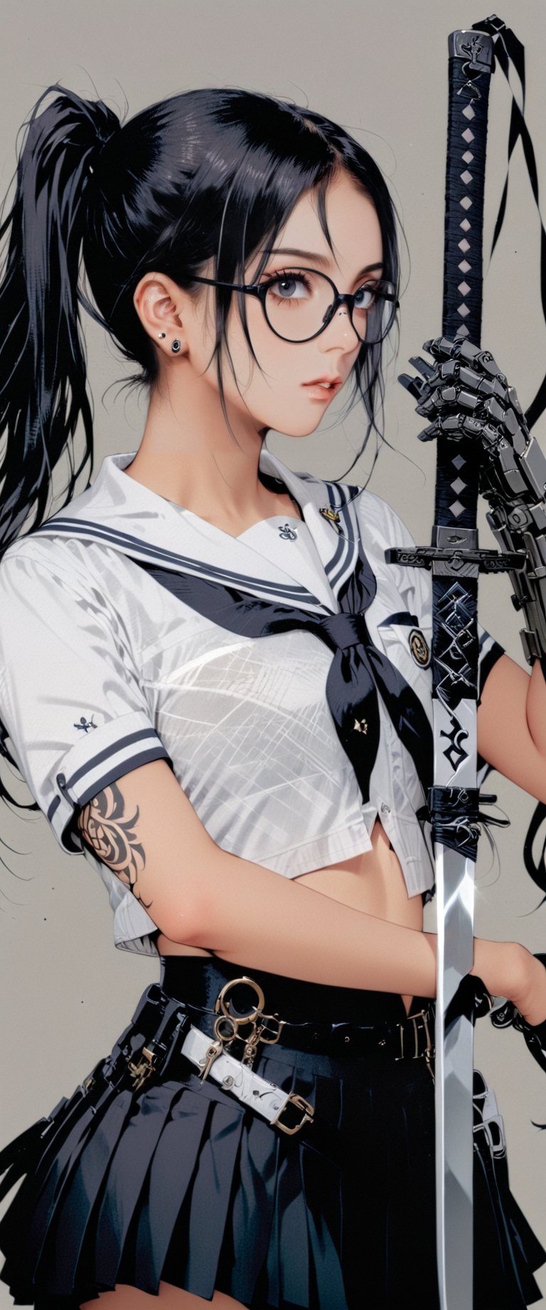 1girl, solo, long hair, bangs, skirt, shirt, black hair, navel, holding, jewelry, school uniform, white shirt, ponytail, weapon, short sleeves, pleated skirt, earrings, glasses, serafuku, midriff, belt, sword, black skirt, sailor collar, grey background, holding weapon, black eyes, from side, tattoo, holding sword, katana, sheath, mechanical arms, single mechanical arm