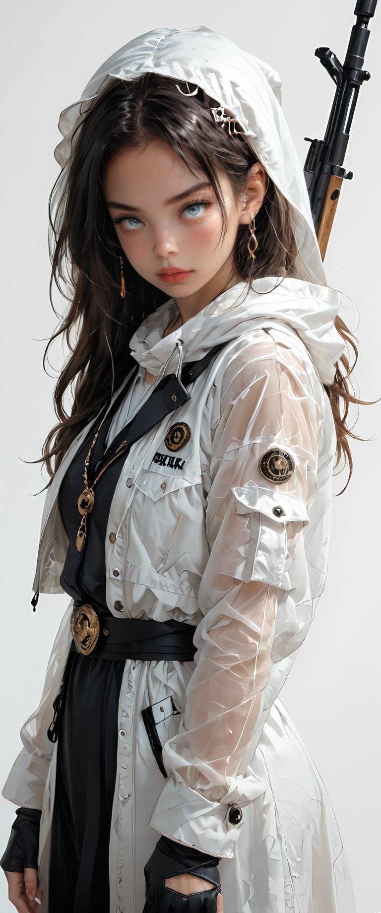 1girl, solo, long hair, looking at viewer, bangs, simple background, black hair, gloves, holding, jewelry, jacket, weapon, earrings, hood, fingerless gloves, holding weapon, see-through, gun, grey eyes, piercing, white jacket, ear piercing, holding gun, black nails, rifle,dal-27,dal-1,anime black line