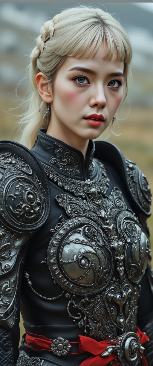 The image is a highly detailed, digital drawing in a fantasy art style. The subject is a female warrior with a pale, porcelain skin and striking, piercing blue eyes. She has short, platinum blonde hair with bangs that frame her face, and her expression is intense and focused. She is dressed in ornate, black and silver armor that features intricate, Gothic-inspired designs with skulls and crossbones. The armor is adorned with red accents, particularly on the shoulder pads and belt.