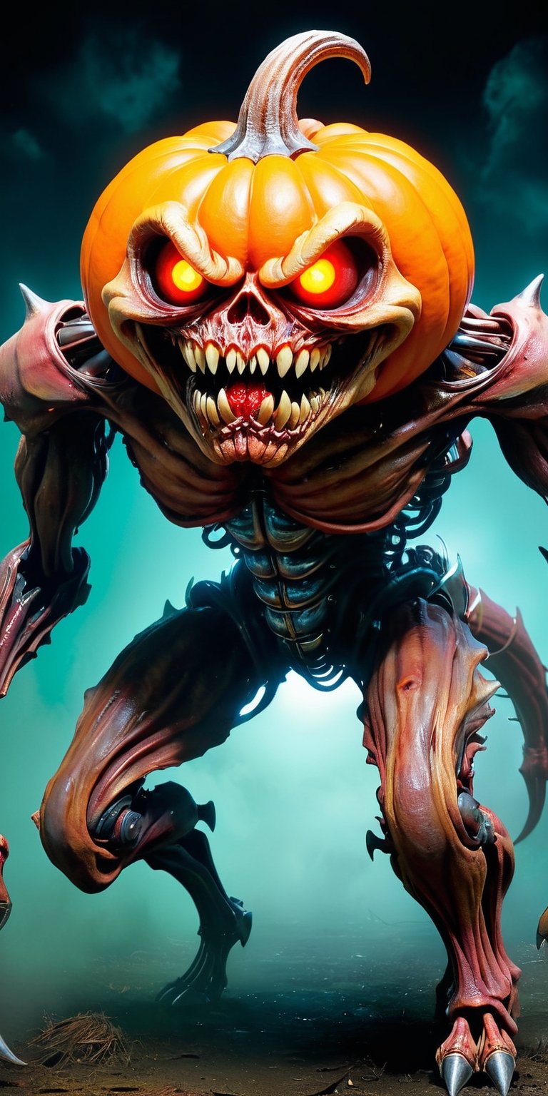  a biomechanical pumking monster creature . Its body combines twisted metal with pulsating flesh. .  grotesque face , with metallic jaws, glowing eyes, and rows of sharp teeth . dark tense and unsettling atmosphere, wearing a cap .sending a postcard,.office, cap, reflections, full body, blood,fear,  By renowned artists such as ,, Francis Bacon, . Resolution: 4k.,,aw0k euphoric style,HellAI,monster,JPO,IMGFIX,biopunk style
