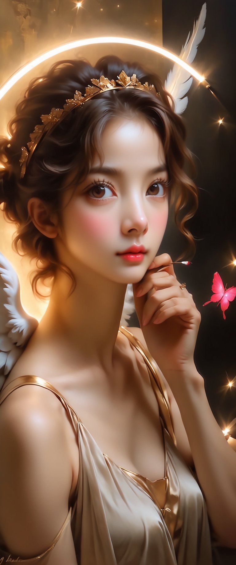 a masterpiece, stunning beauty, hyper-realistic oil painting, dark chiarascuro lighting,dark cupid, , fr4z3tt4 , more detail XL, Leonardo Style, close up,,,,,,
,fr4z3tt4 ,sooyaaa,jennierubyjenes