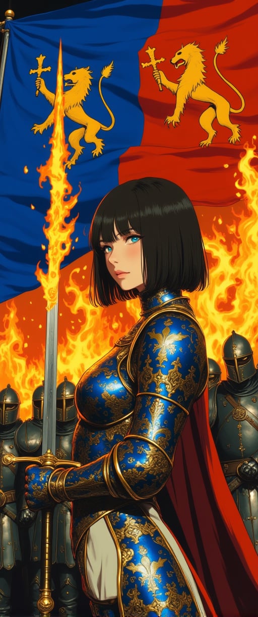 medieval fantasy), (flat color semi-realistic style 2d) art of a female knight holding flaming sword under a blue and red banner with golden lion on it, standing in front of an army of medeieval soldiers, black hair, blue eyes, bob cut,ct-fantasioil,ct-anime55,ct-physmstyle