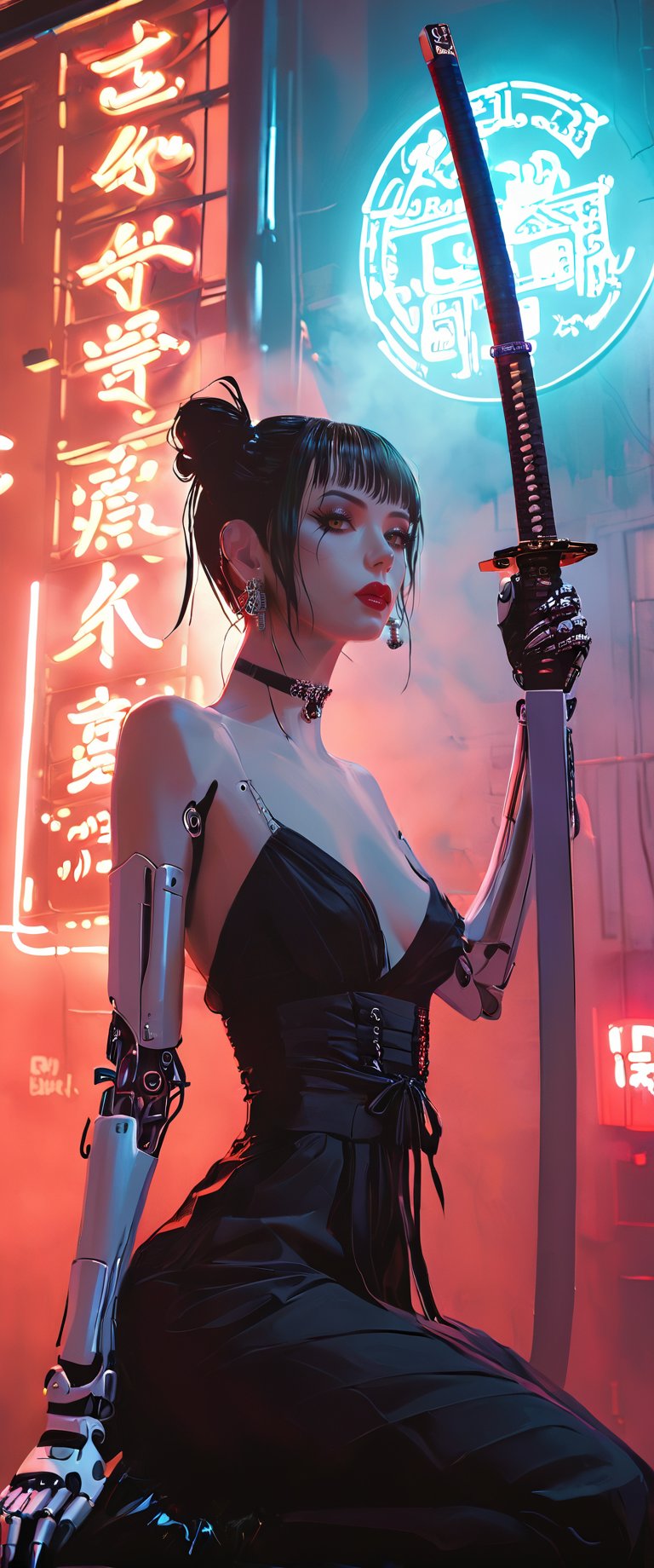 Prompt: In a dimly lit, smoky cyberpunk club, a femme fatale cyborg sits solo, her mechanical joints gleaming in the flickering light. Her striking features, framed by short hair and bangs, are adorned with jewelry and a black choker. she pets a snake that gazes directly at the viewer. She wears a revealing seethrough kimono, paired with Japanese-style earrings, and holds a katana surrounded by the dark, gritty atmosphere. Her gaze is sultry, exuding an air of sexy sophistication, as if inviting the viewer to enter her world. The scene is set in a Conrad Roset-inspired style, with a focus on dark, muted tones and industrial textures.,core_9,scary, (masterpiece:1.2),ct-virtual,dcas_lora
