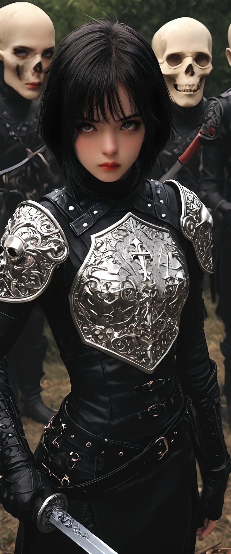 1girl, short hair, black hair, gloves, holding, closed mouth, standing, weapon, solo focus, belt, sword, holding weapon, armor, holding sword, cross, letterboxed, shoulder armor, gauntlets, sheath, pauldrons, skull, breastplate, red lips