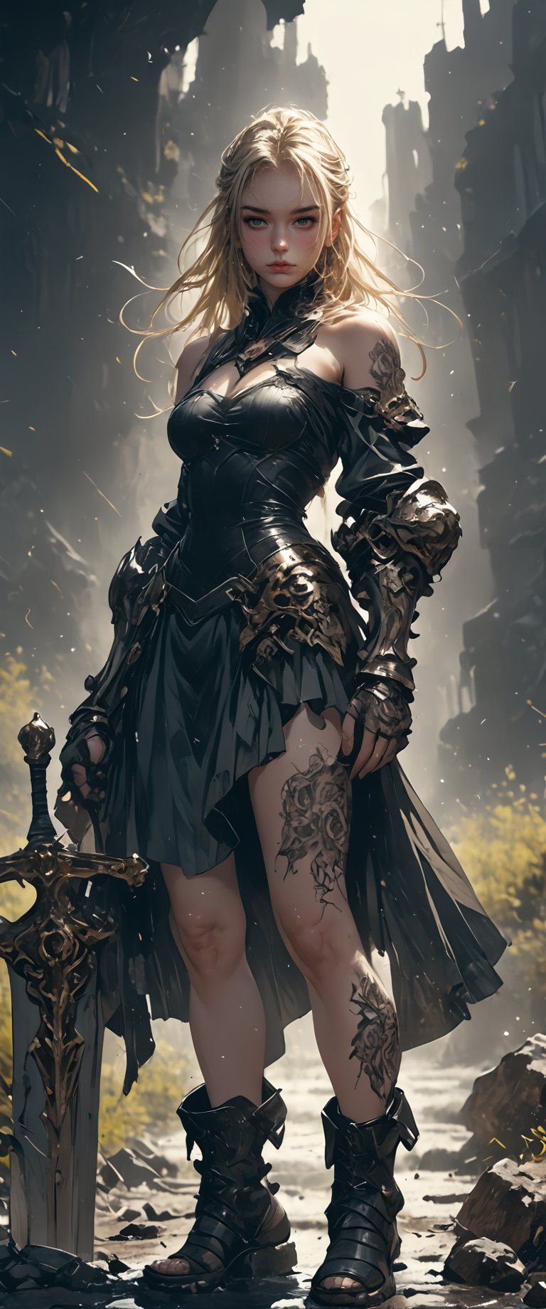 1girl, solo, long hair, breasts, looking at viewer, blonde hair, gloves, dress, holding, bare shoulders, closed mouth, standing, full body, weapon, boots, sword, holding weapon, black dress, tattoo, holding sword, short dress, gauntlets, shield


 real,realistic,real_life,chiarosaurio,dal-27,dal-1,ct-virtual