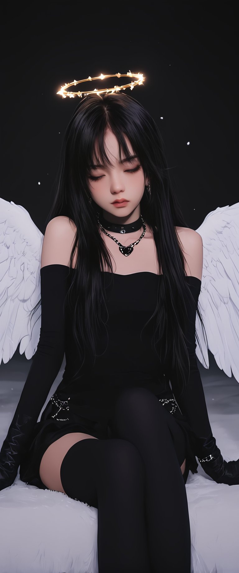 1girl, solo, long hair, skirt, black hair, thighhighs, gloves, navel, jewelry, sitting, closed eyes, earrings, wings, midriff, black thighhighs, necklace, petals, chain, halo, angel wings, angel