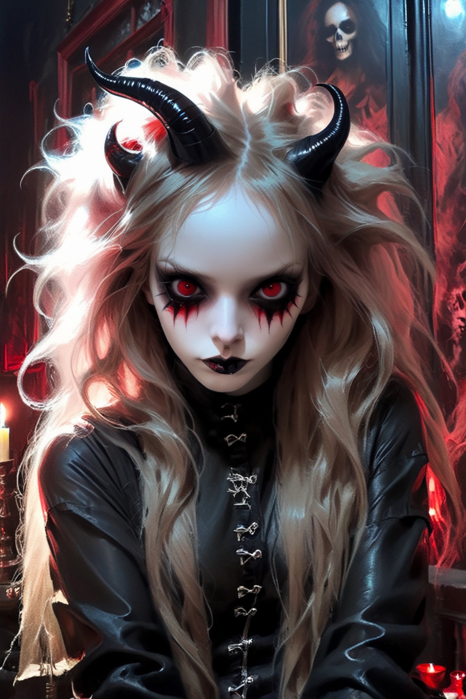 young pale skin demon  girl  with oversized red sunglesses,long messy hair , hair ,  , wearing latex outfitt, dark atmosphere.

(room has gothic walls with creepy decorations, candels , gothic furniture:1.1)  

( young face:1.2),
modern, (high detailed skin:1.2), 8k uhd, dslr, soft lighting, high quality, film grain, Fujifilm XT3 ,  , relaxing, long hair, ,sooyaaa,detailmaster2,more detail XL,Anime 