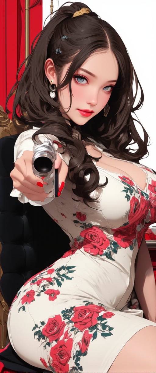 a medium-sized animated woman with long dark brown hair and dark blue eyes is seated on a black chair, holding a gun in her right hand. She is dressed in a white dress adorned with red roses and green leaves. Her lips are painted a vibrant red, adding a pop of color to her outfit. The gun is a silver, silver, and black. The woman's eyes are a deep blue, and her lips are a lighter shade of red. The background is a stark white, with a red wall to the left of the woman.