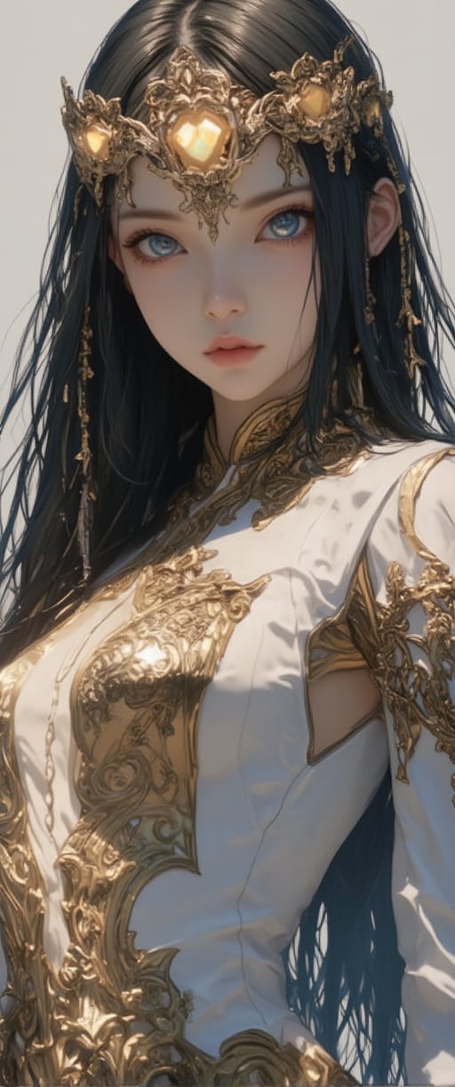 This image is a digital drawing in a highly detailed, realistic anime style. The subject is a young woman with a slender, athletic build and fair skin, likely of East Asian descent. She has long, dark hair cascading down her back and piercing blue eyes with a serious, slightly melancholic expression. She is adorned with a golden crown adorned with small, glowing stars, suggesting a regal or fantastical theme.