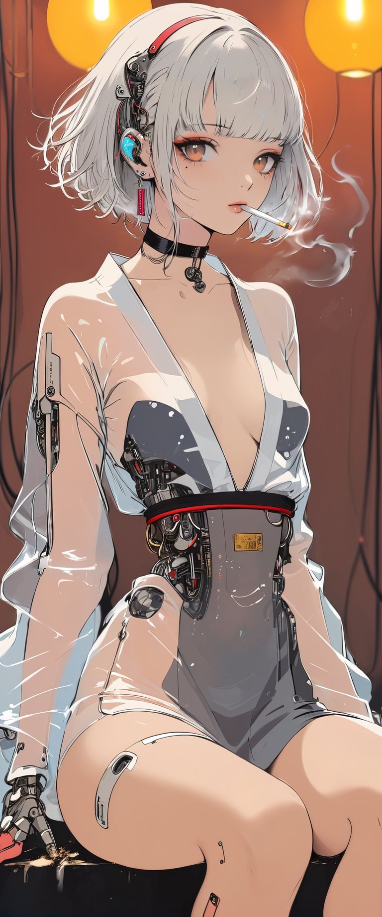 (by Carne Griffiths, Conrad Roset), 1girl,cyborg,android,mechanical, mechanical parts, mechanical joints, solo,sitting in a cyberpunk club, looking at viewer, short hair, bangs, , jewelry,, white hair, earrings, japanese transparent clothes, , choker,  transparent kimono,pleasure android, black choker, cyberpunk, smoke, cigarette, plastic kimono,sexy, smoking, egasumi m3,Dark Manga of,Dark Anime of,anime,BG,brown dust