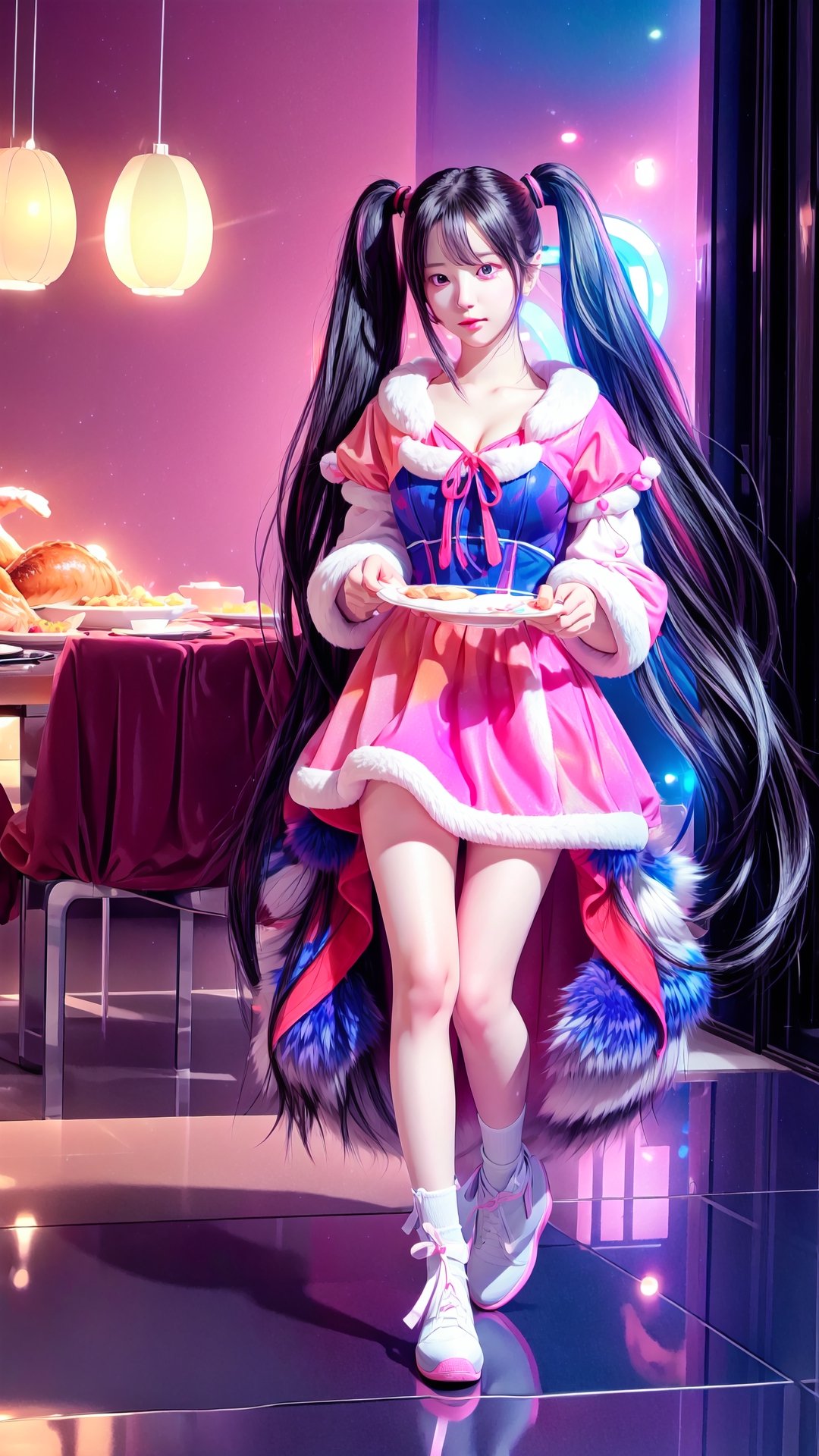full body, ultra-detailed anime artwork ,, twintails, big eyes, cute full lips, lip gloss, fine dark skin, vibrant colors, elegant, carrying a plate of thanksgiving turkey, dramatic, dining room with neon light, sheer dress with fur ,High detailed ,raidenshogundef,monadef,Color magic,1 girl,Saturated colors,Color saturation ,m_kayoung,bibilorashy,nana,goyoonjung,iu,hyojoo,sohee