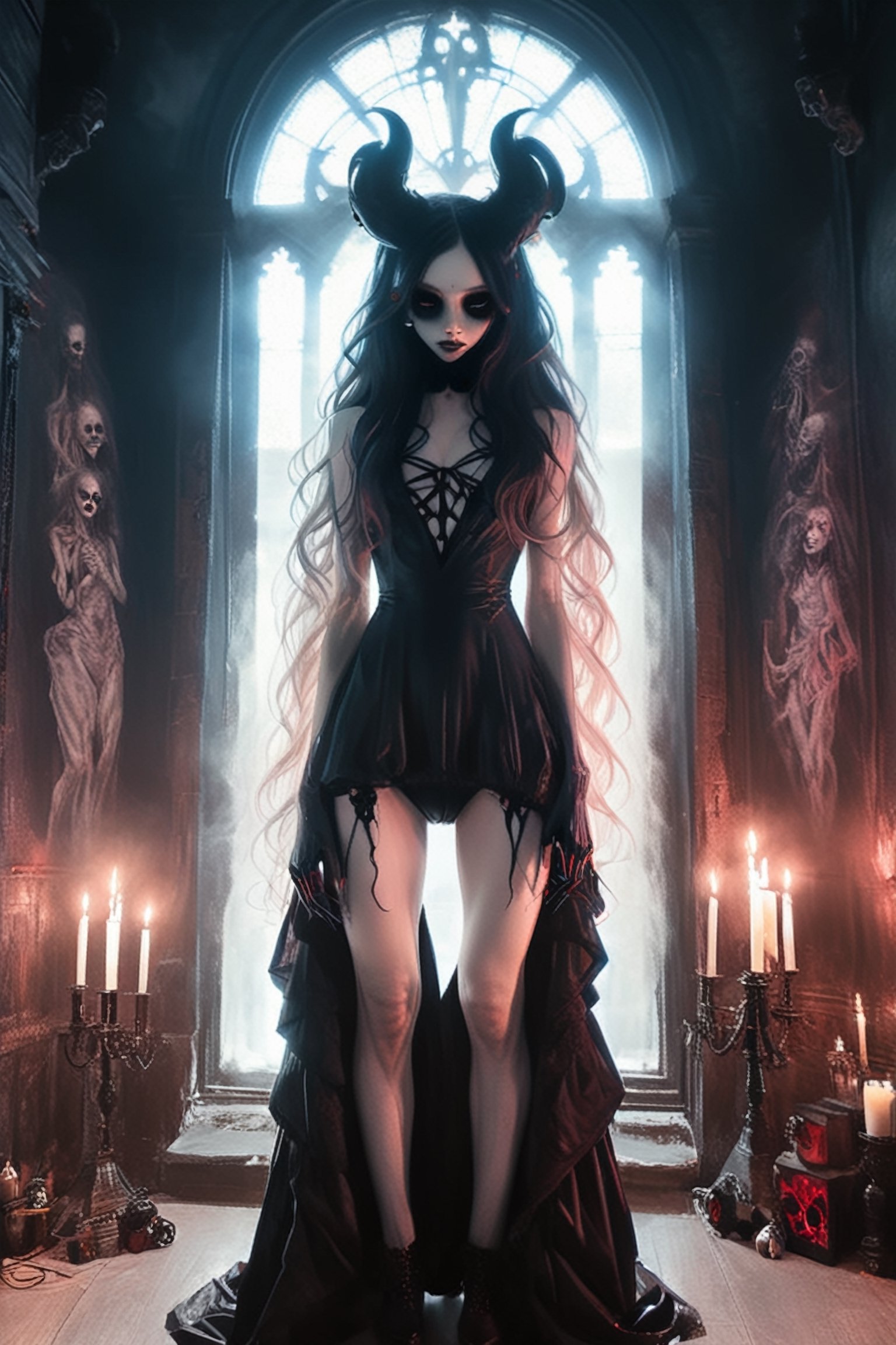 sexy naugthy pale skin demon  girl  with oversized red sunglesses,long  hair ,  ,  , wearing latex outfitt, dark atmosphere.

(room has gothic walls with creepy decorations, candels , gothic furniture:1.1)  

( young face:1.2),
modern, (high detailed skin:1.2), 8k uhd, dslr, soft lighting, high quality, film grain, Fujifilm XT3 ,  , relaxing, long hair, ,sooyaaa,detailmaster2,more detail XL,Anime 