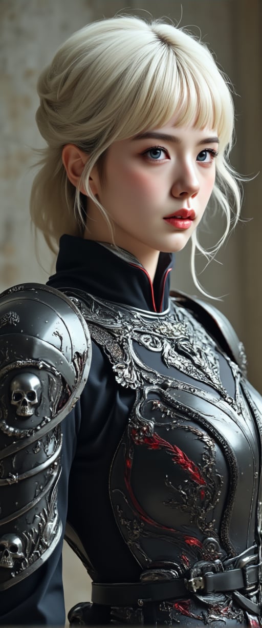 The image is a highly detailed, digital drawing in a fantasy art style. The subject is a female warrior with a pale, porcelain skin and striking, piercing blue eyes. She has short, platinum blonde hair with bangs that frame her face, and her expression is intense and focused. She is dressed in ornate, black and silver armor that features intricate, Gothic-inspired designs with skulls and crossbones. The armor is adorned with red accents, particularly on the shoulder pads and belt.