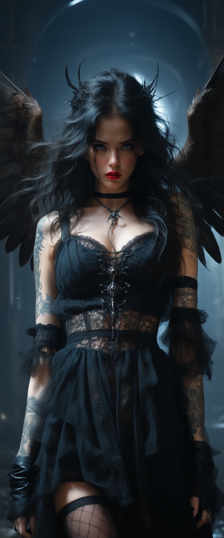 (heavenly beauty, by Nicola Samori), (masterpiece, best quality:1.4), (renaisance:1.2)1girl, solo, long hair, breasts, black hair, thighhighs, holding, cleavage, medium breasts, underwear, weapon, choker, , , hair over one eye, tattoo, makeup, , lipstick, sheath, red lips, arm tattoo, wings, halo,mechanical arm
, bioluminescence, looking_at_viewer, detailed and beautiful eyes, 
,ct-virtual, score_8_up, score_7_up,score_9,ct-jeniiii