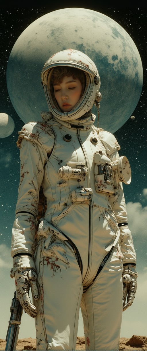 ,(ultra realistic,32k, masterpiece:1.2),(high detailed skin:1.1),( high quality:1.1), (masterpiece, best quality), best quality, masterpiece, photorealistic, ultrarealistic, professional photograph shot on Canon EOS R6, More detail,) a woman in a spacesuit with a gun in front of a planet, Style of Jim Burns, Retro-Science-Fiction-Art, cyborg goddess in cosmos, Greg Beeple, Vintage Science-Fiction-art, 7 0 s Sci-Fi-art, Frank Kelly Freas, 1 9 8 0 s Retro-Science-Fiction-art.,wonder beauty,Enhanced all,Anime Style

, with the letters "CTMAKER" in her clothes,jisosmile,ct-identity,vntgfnts style,low quality 1980 movie screengrab,lowres,cinematic,film grain,blurry,FANGS