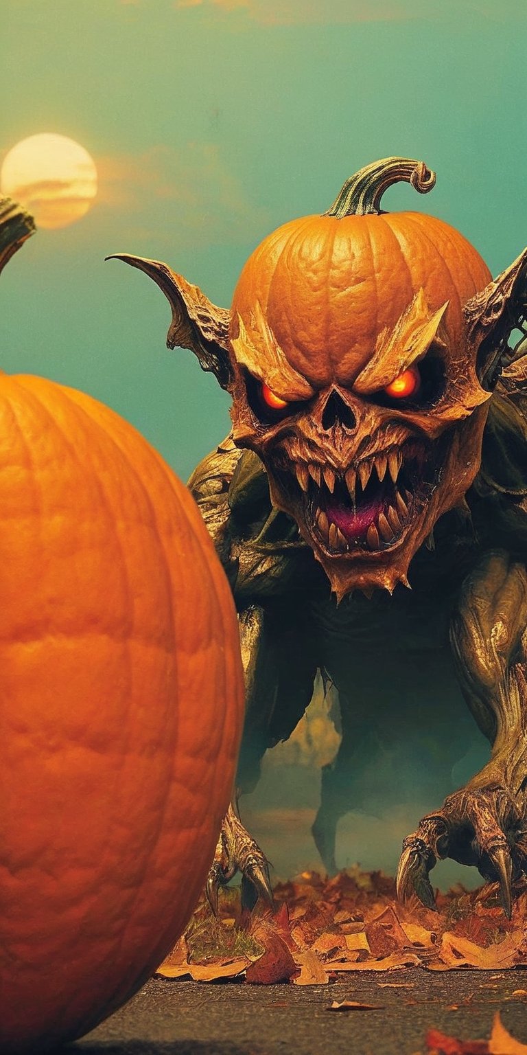 a pumpkin monster creature . Its body combines twisted metal with pulsating flesh. .  grotesque face , with metallic jaws, glowing eyes, and rows of sharp teeth . dark tense and unsettling atmosphere, wearing a cap .sending a postcard,.office, cap, reflections, full bodyblood,fear,  By renowned artists such as ,, Francis Bacon, . Resolution: 4k.,,aw0k euphoric style,HellAI,monster,JPO