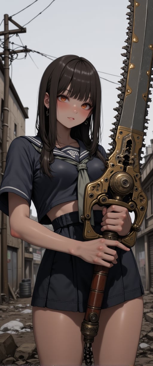 A gritty GOD EATER scene: A petite Japanese girl in a sailor school uniform miniskirt stands strong amidst the ruins of a dystopian cityscape. She brandishes an imposing, intricately detailed mechanical chainsaw-like sword with gears and rivets, its steely sheen contrasting with her fragile features. Her chained hand adds an eerie touch to her menacing aura. The desolate backdrop of dilapidated buildings, power lines, and gray skies amplifies the post-apocalyptic atmosphere. Her exquisite facial features glow amidst the ruin, as she exudes a sense of powerful danger.,ct-sensanime,ct-prettienime2,ct-anitity,ct-anime55