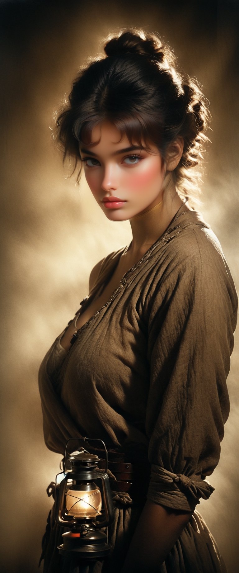 Female coal miner in the 19th century by Gregory Colbert + Luis Royo, down in a deep dark mine, a fusion of strength and grace, shadow as a coal miner in the backdrop, holding a lantern, captured in sepia tone, chubby muscular frame, textures of leather and delicate fabric contrasting, soft focus, warm natural light, high contrast, ultra realistic., intense light, catchlight, chiaroscuro