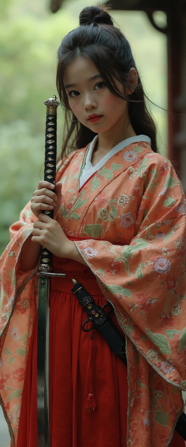 realistic photo,cimenatic style,chiarosaurio, depth of field, cinematic ligth, film, sharp focus
a realistic scene featuring 

1girl, solo, looking at viewer, brown hair, black hair, holding, brown eyes, standing, full body, weapon, japanese clothes, sword, kimono, holding weapon, blurry, blurry background, holding sword, floral print, katana, sheath, realistic, red lips