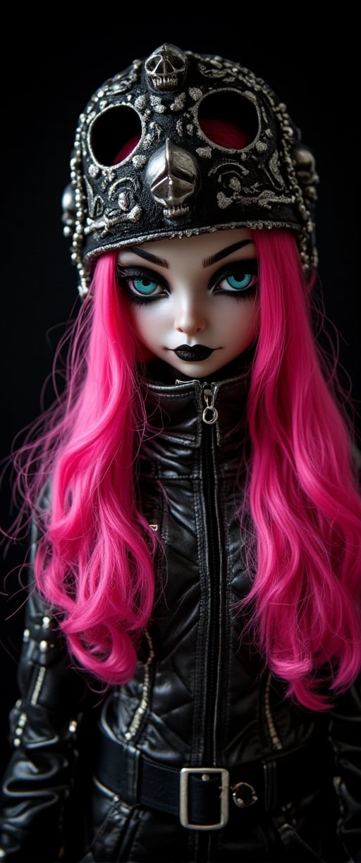 a vibrant pink haired female doll like  stands against a stark black backdrop. She is dressed in a black leather outfit adorned with a black helmet, adorned with silver skulls and chains. Her hair cascades over her shoulders, adding a pop of color to her outfit. Her eyes are adorned with black paint, adding contrast to her features.