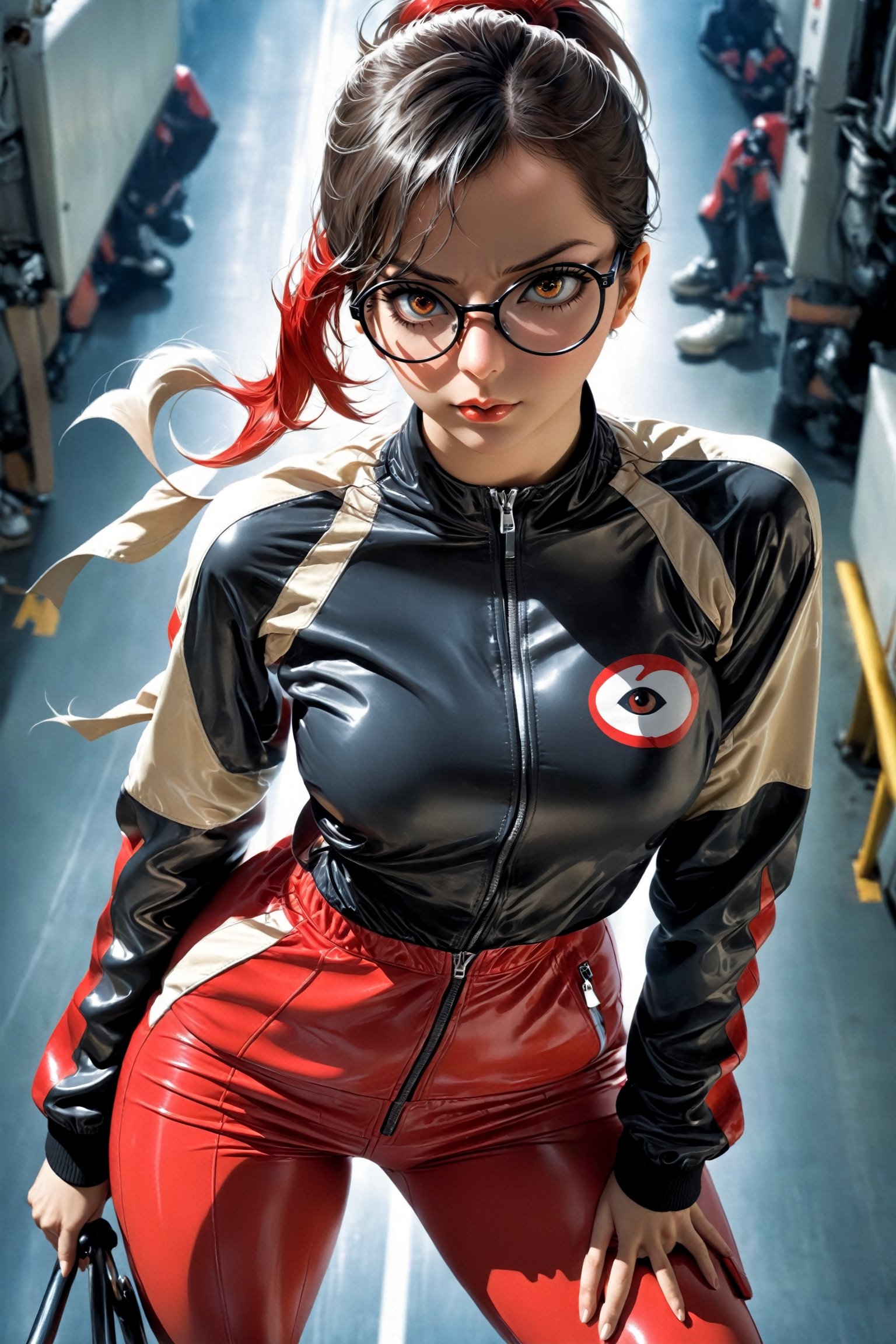 poster of a sexy   [satou sakie, glasses, track jacket, red pants, large breasts  ], ,  very_high_resolution, latex clothing uniform, eye angle view,  , designed by  Dave Mckean,aw0k nsfwfactory,aw0k magnstyle,danknis,sooyaaa,Anime ,IMGFIX

