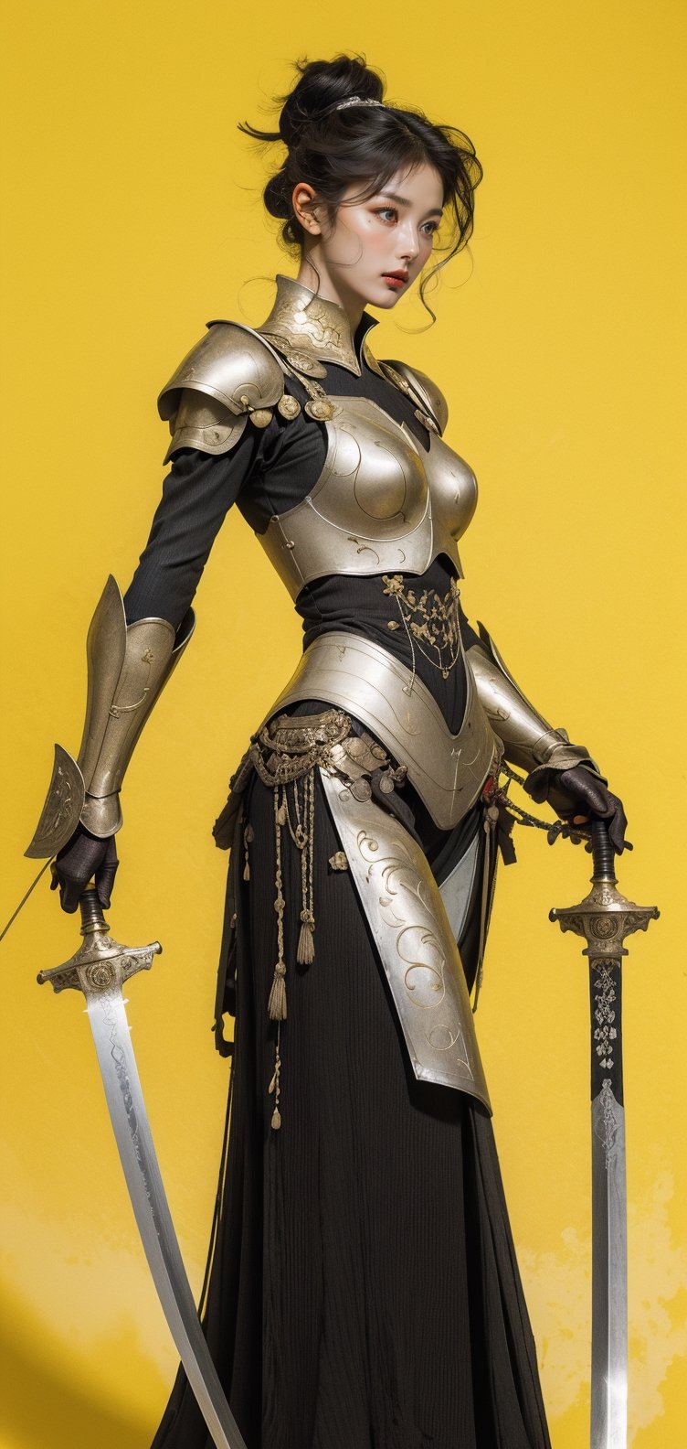 1girl, yellow_hair, red_eyes, yellow theme, monochrome, standing, dress armor, simple_background, yellow_background, looking away, holding sword, full body, closed mouth, from below,