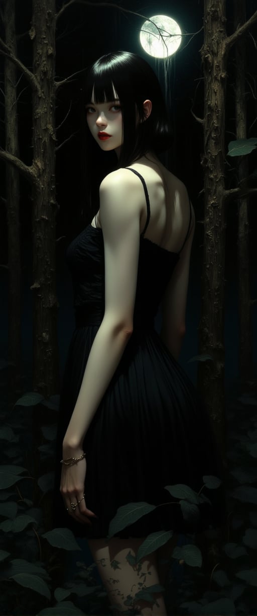 
  "A mysterious woman with short black hair, fair skin, and striking red lips stands in a dark forest, her gaze locked with the viewer. She wears a simple black dress, and the moonlight filters through the trees, casting dappled shadows across her face and body. Her expression is calm, with her head slightly lowered, and the light subtly illuminates her upper body. The scene is atmospheric, with the dark forest setting creating a sense of intrigue and mystery. The play of light and shadow adds depth, while the moon's glow enhances the ethereal quality of the environment, blending perfectly with the figure's poised presence."