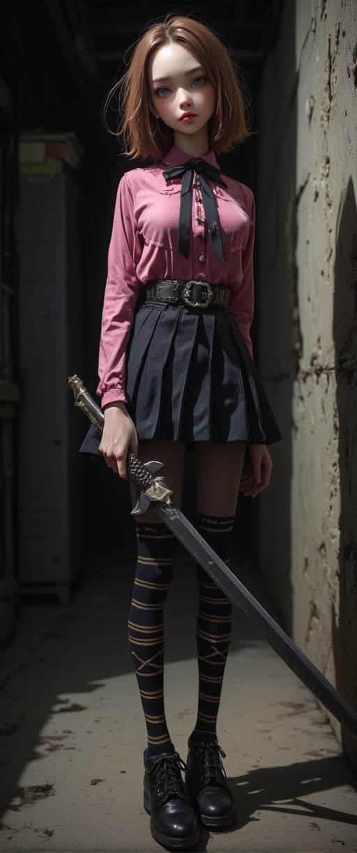 a female doll stands in a dark alleyway, holding a sword in her right hand. She is dressed in a pink long-sleeved shirt, a black skirt, and striped socks. Her hair is a vibrant shade of brown, and her eyes are a piercing blue. She has a black bow tie around her neck, adding a pop of color to her outfit. Her left hand is positioned in front of her body, while the right hand is resting on her hip. Her shadow is cast on the wall on the right side of the image.