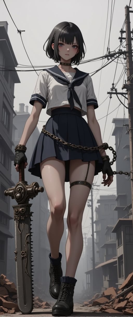 A gritty GOD EATER scene: A petite Japanese girl in a sailor school uniform miniskirt stands strong amidst the ruins of a dystopian cityscape. She brandishes an imposing, intricately detailed mechanical chainsaw-like sword with gears and rivets, its steely sheen contrasting with her fragile features. Her chained hand adds an eerie touch to her menacing aura. The desolate backdrop of dilapidated buildings, power lines, and gray skies amplifies the post-apocalyptic atmosphere. Her exquisite facial features glow amidst the ruin, as she exudes a sense of powerful danger.,ct-sensanime,ct-prettienime2,ct-anitity