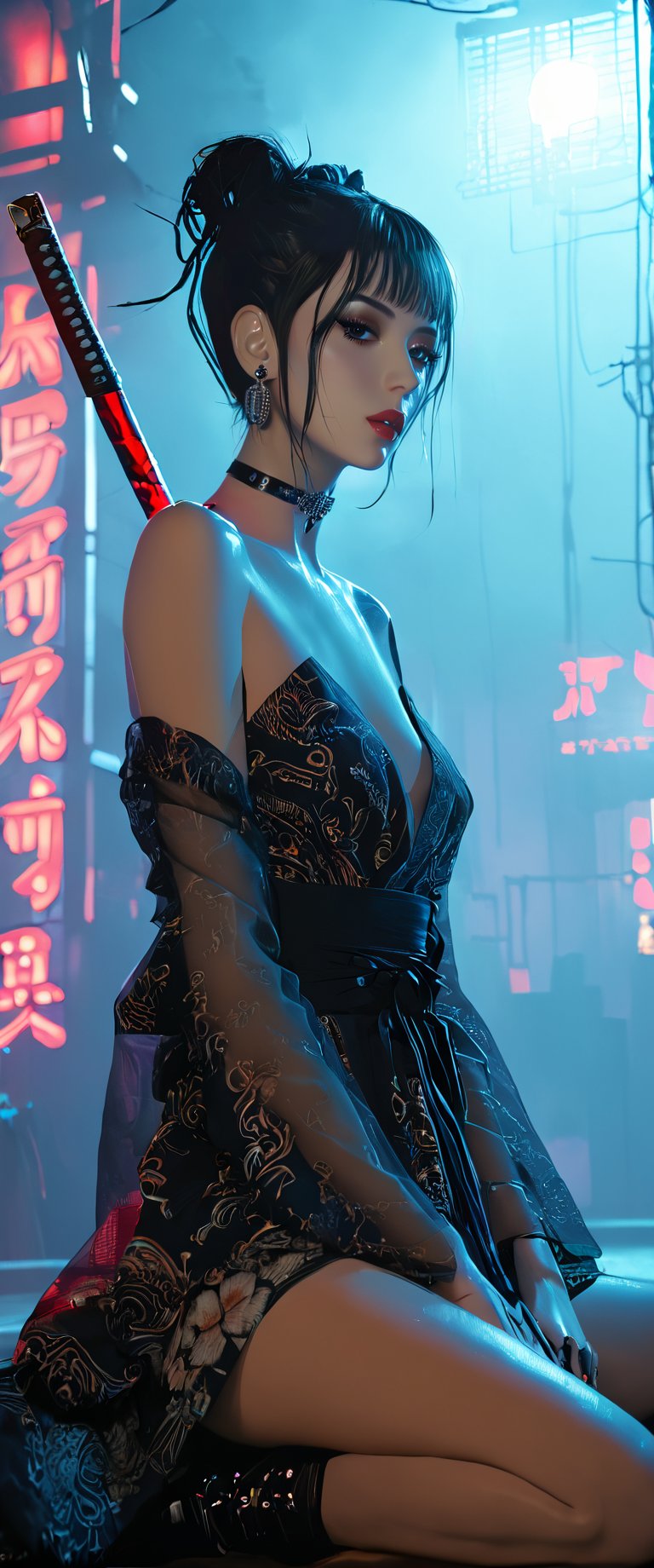 Prompt: In a dimly lit, smoky cyberpunk club, a femme fatale cyborg sits solo, her mechanical joints gleaming in the flickering light. Her striking features, framed by short hair and bangs, are adorned with jewelry and a black choker. she pets a snake that gazes directly at the viewer. She wears a revealing seethrough kimono, paired with Japanese-style earrings, and holds a katana surrounded by the dark, gritty atmosphere. Her gaze is sultry, exuding an air of sexy sophistication, as if inviting the viewer to enter her world. The scene is set in a Conrad Roset-inspired style, with a focus on dark, muted tones and industrial textures.,core_9,scary, (masterpiece:1.2),ct-virtual,dcas_lora
