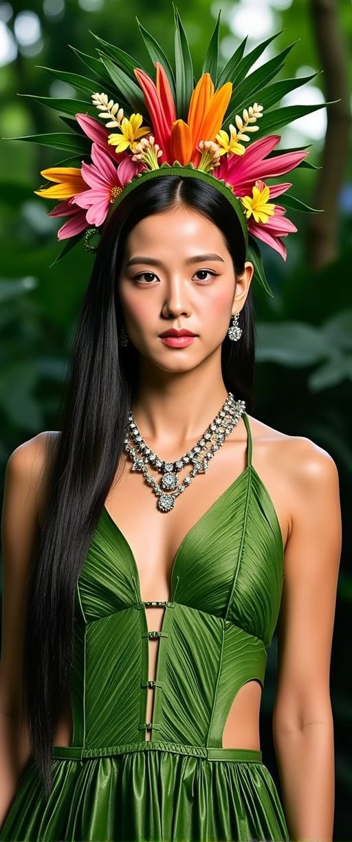 Create a portrait of a tropical princess, adorned with a crown made of exotic flowers. She stands surrounded by lush greenery and wild animals. The colors are vibrant, focusing on emerald greens and bright floral hues. Her outfit combines natural elements like leaves and fine silks, blending modern fashion with the wilderness.,ct-jennie,ct-dbe,ct-blondie,ct-amantity,ct-chasartre,ct-portuguitity,ct-bustyy2,ct-blodolx,ct-chainb,ct-bibity,ct-biskitity,ct-rosity,ct-smeraldity,ct-hyuntity,ct-leetity,ct-arix,ct-savaga,ct-muun,ct-kbright,ct-vituajis