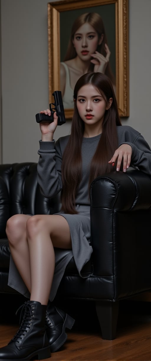 ,(ultra realistic,32k, masterpiece:1.2),(high detailed skin:1.1),( high quality:1.1), (masterpiece, best quality), best quality, masterpiece, photorealistic, ultrarealistic, professional photograph shot on Canon EOS R6, More detail,)  a woman is seated on a black leather couch. She is dressed in a gray long-sleeved t-shirt, a gray skirt, and black boots with black laces. Her long, dark brown hair is cascading down her shoulders, framing her face. She's holding a black gun in her right hand, and her left hand is resting on the couch. In the background, a wall with a painting of a man and a woman can be seen.,jisosmile,ct-identity,vntgfnts style,low quality 1980 movie screengrab,lowres,cinematic,film grain,blurry,ct-skyzo_identity,ct-rosity