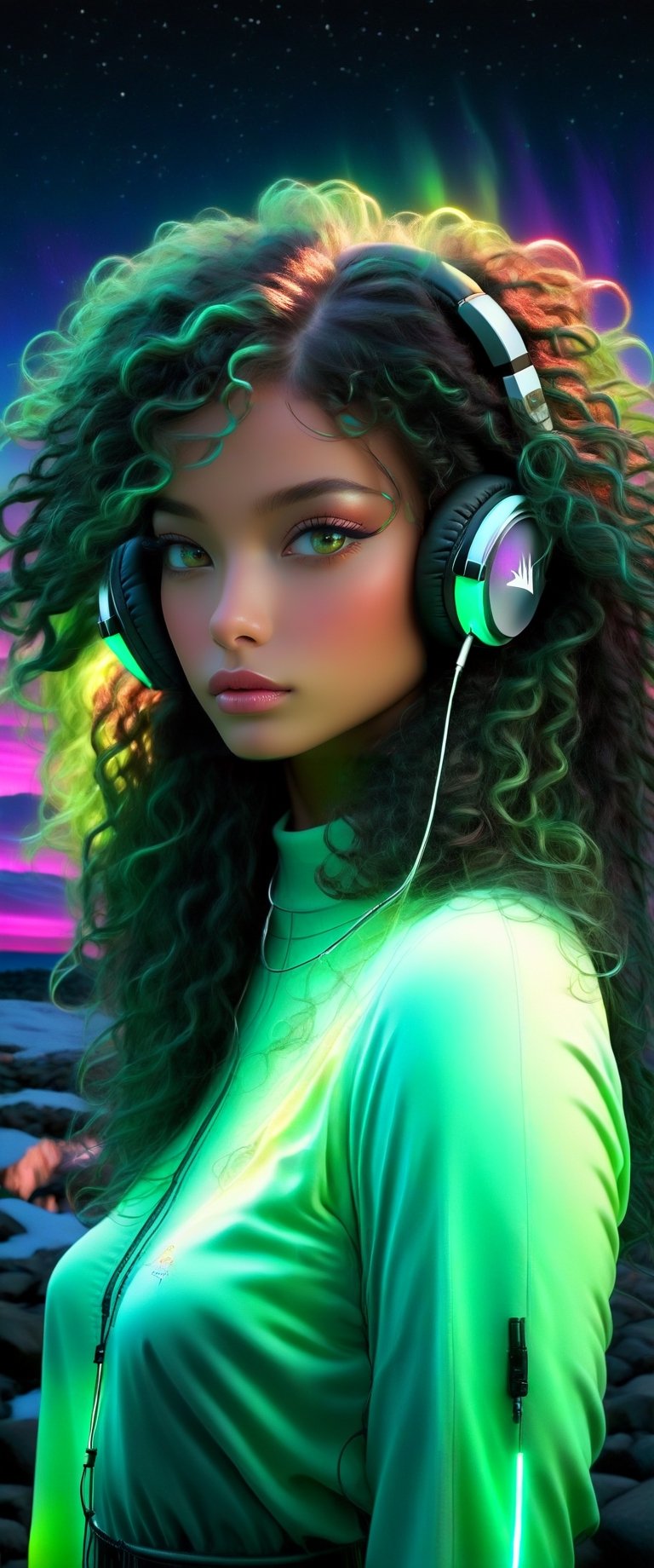 full body, symmetrical face, perfect realistic green eyes, (female hair made of fine multicolored neon, green curls:1.5), (long thin hair made of multicolored neon strands, wearing headphones, serene expression, enjoying music, realism, ultra high resolution, 8k, HDr, art, high detail, , art, detailed background full moon, stars, nebula, northern lights, zoomed out
