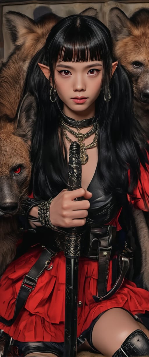 Close-up shot of a striking anime girl, her long black hair with blunt bangs framing her striking red eyes that seem to pierce through the frame. She sits confidently, sword in hand, alongside two hyenas, her pleated skirt and thigh strap adorned with jewelry and nail polish. Her elf ears add a touch of whimsy as she directly addresses the viewer with a gaze that exudes realism and confidence in her unique identity.