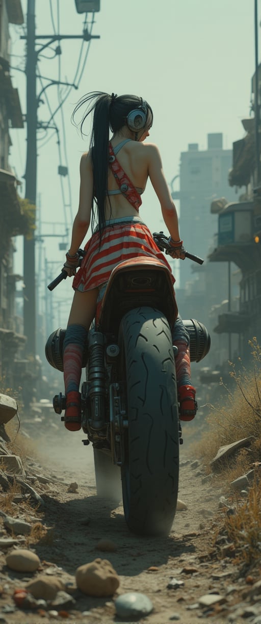 A lone figure emerges from the desolate wasteland, a cyberpunk motorcycle's metal frame gleaming in the dim light. A girl with long black hair tied back in a ponytail, wearing a red and white striped skirt and blue-red boots, rides the bike with an air of mystique. Her headphones and earphones hint at a world beyond this trash-strewn landscape. The motorcycle's black tire glows like a dark jewel as she navigates the dusty terrain.