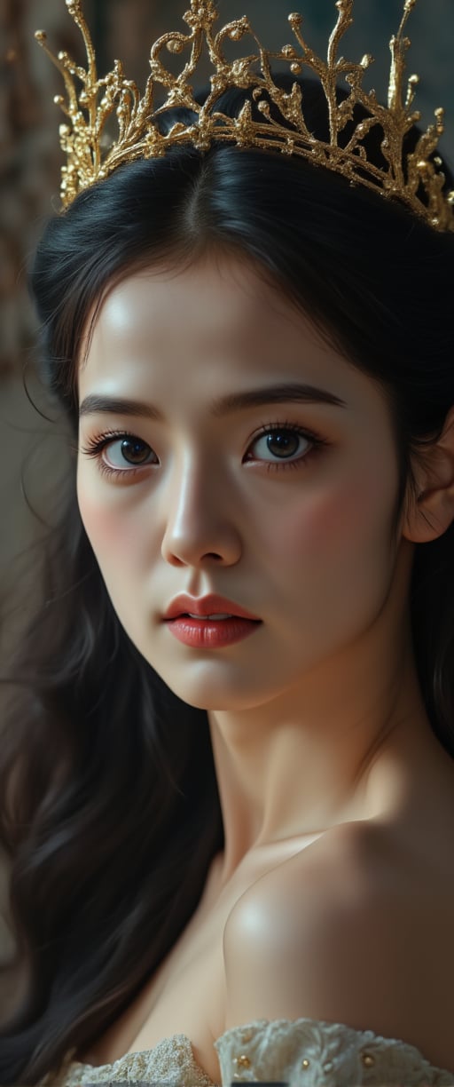 A masterpiece of digital drawing in a photorealistic style. A young woman with slender athletic build and fair skin, East Asian descent, is captured mid-shoot. Her long dark hair cascades down her back, piercing blue eyes gaze out with a serious melancholic expression. She wears a golden crown adorned with small glowing stars, hinting at a regal or fantastical theme. Framed against a low-res cinematic backdrop with film grain and blur, evoking the aesthetic of an 1980s movie screengrab.