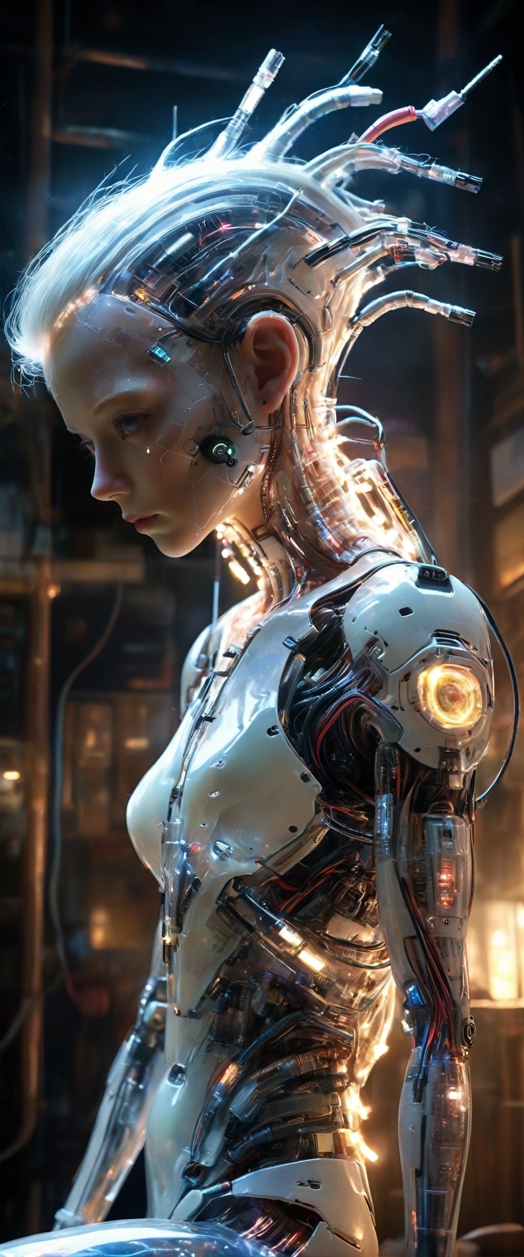 striking cyberpunk Style art,albino female Neuromancer,
plugs in her head in the shape of a Mohawk hair, many wires coming from her head,sitting at barroom, 
breathtaking, masterpiece,cyborg,sooyaaa,more detail XL,Energy light particle mecha