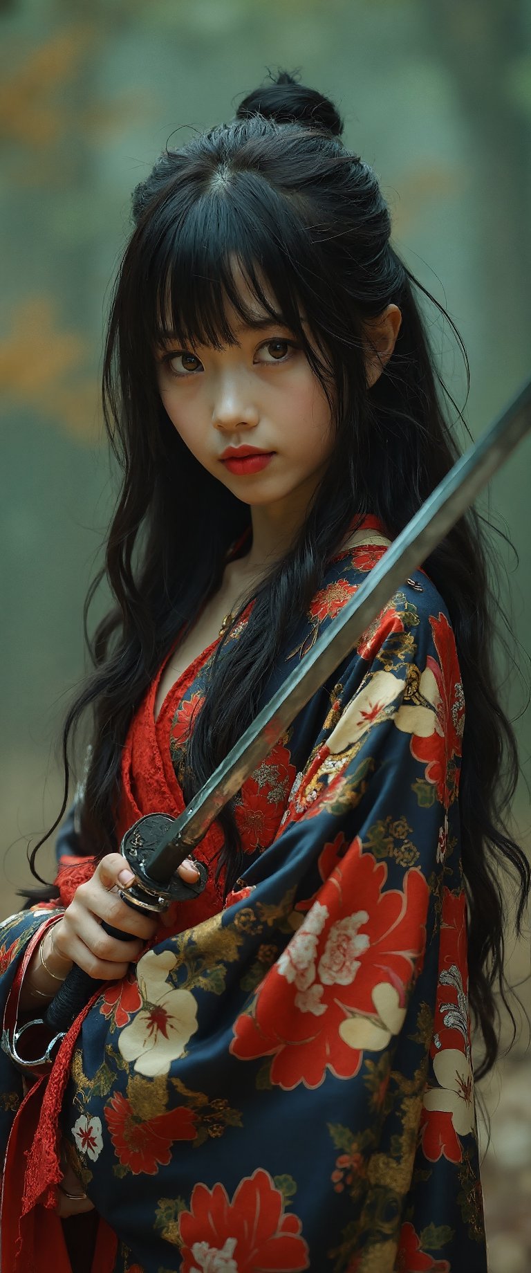 A cinematic shot of a lone girl, dressed in a traditional Japanese kimono with a vibrant floral print, standing confidently in a blurred background. She gazes directly at the viewer, her brown eyes intense and sharp. Her long, dark hair cascades down her back like a waterfall of night. A katana, its sheath gleaming, is held firmly in her hand, its blade razor-sharp with a subtle cinematic lighting that accentuates the depth of field. The girl's full body is rendered in stunning detail, from the delicate curves of her fingers to the subtle texture of her kimono. Her red lips are painted and bold, framing her striking features. The overall mood is one of quiet contemplation, as if she is waiting for something - or someone.