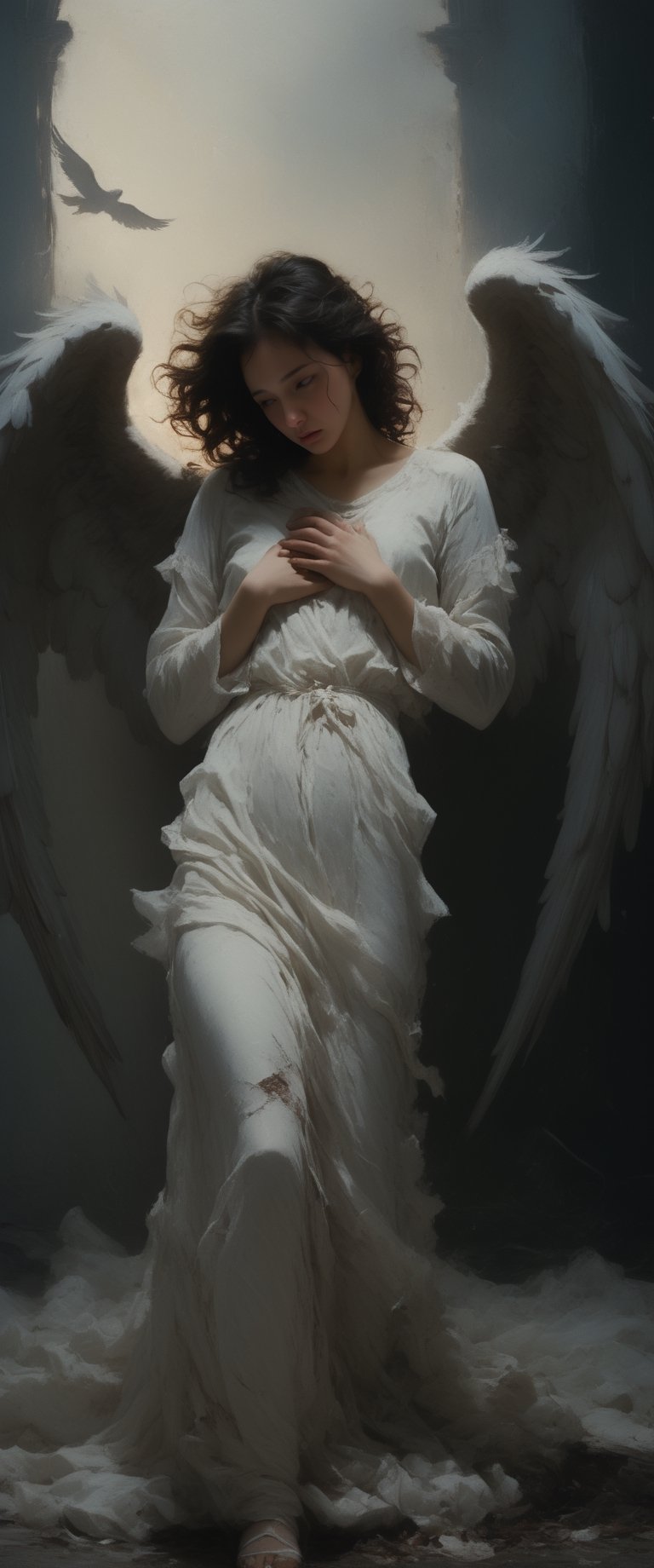 Generate hyper realistic image of a fallen angel, with tattered wings, a scarred and sorrowful expression, and a sense of melancholy that surrounds them ((finger heart)). Write a scene where this fallen angel encounters a human who sees beyond their fallen state, offering them compassion and understanding. Explore the complexities of their relationship and the possibility of redemption,sooyaaa,ct-niji2,DonMn1ghtm4reXL,Comic Book-Style,cinematic_grain_of_film,more saturation ,Cinematic ,roses_are_rosie, ct-eujiiin, ct-fujiii,Expressiveh,ct-jeniiii, ct-goeuun