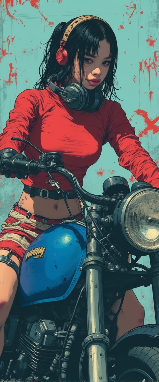 a girl riding a blue motorcycle( akira style). The girl is wearing a red long sleeve shirt and a red and white skirt. She is also wearing a pair of blue and red boots. Her long black hair is pulled back in a ponytail. She has headphones on her head and earphones in her ears. The motorcycle is made of metal and has a black tire on the front. The background is a light blue color with red writing on it.. Amidst this moody, atmospheric setting, her elegant posture exudes an enchanting contrast, drawing us in to unravel the secrets of her mysterious world.,ct-identityV2,ct-colority,ct-sensanime,ct-bustyy2,ct-chainb,ct-fititty,ct-leetity