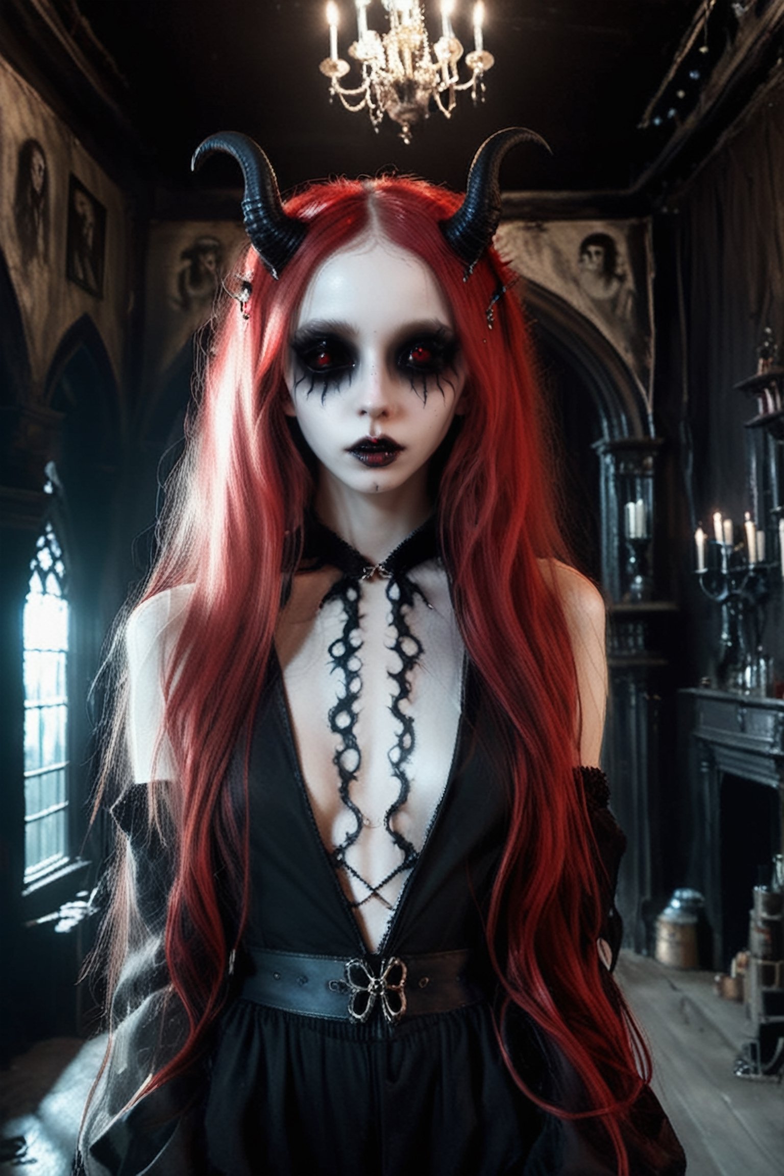 young pale skin demon  girl  with oversized red sunglesses,long messy hair , hair ,  , wearing latex outfitt, dark atmosphere.

(room has gothic walls with creepy decorations, candels , gothic furniture:1.1)  

( young face:1.2),
modern, (high detailed skin:1.2), 8k uhd, dslr, soft lighting, high quality, film grain, Fujifilm XT3 ,  , relaxing, long hair, ,sooyaaa,detailmaster2,more detail XL,Anime 