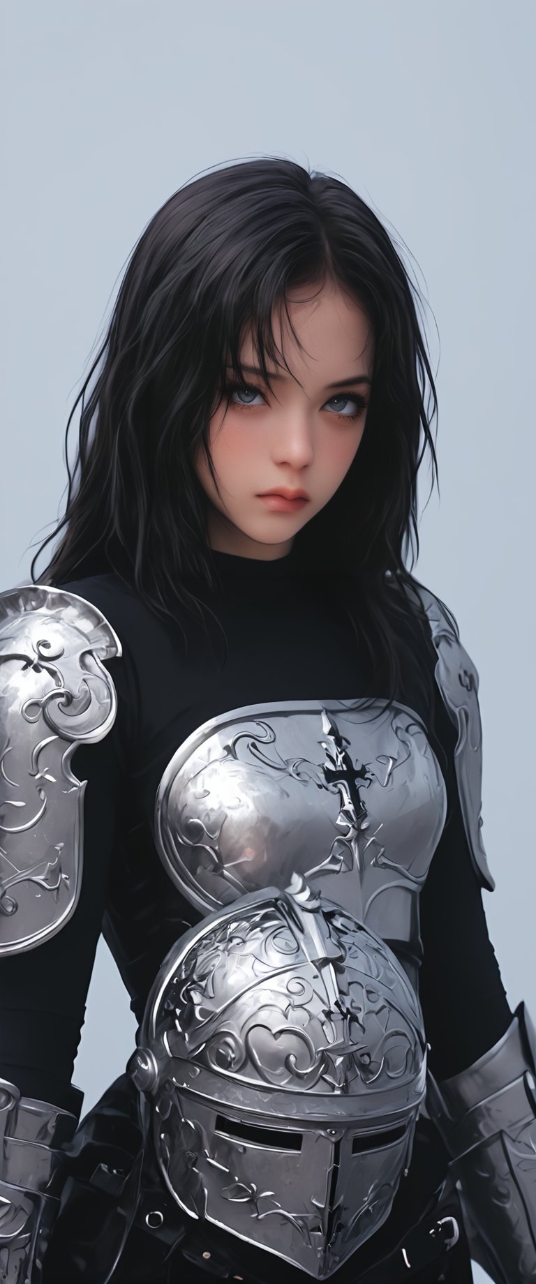 1girl, solo, looking at viewer, black hair, white background, holding, closed mouth, weapon, sword, medium hair, armor, helmet, cross, shoulder armor, gauntlets, headwear removed, pauldrons, breastplate, helmet removed