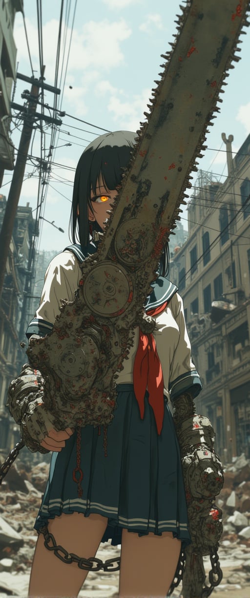 A gritty GOD EATER scene: A petite Japanese girl in a sailor school uniform miniskirt stands strong amidst the ruins of a dystopian cityscape. She brandishes an imposing, intricately detailed mechanical chainsaw-like sword with gears and rivets, its steely sheen contrasting with her fragile features. Her chained hand adds an eerie touch to her menacing aura. The desolate backdrop of dilapidated buildings, power lines, and gray skies amplifies the post-apocalyptic atmosphere. Her exquisite facial features glow amidst the ruin, as she exudes a sense of powerful danger.