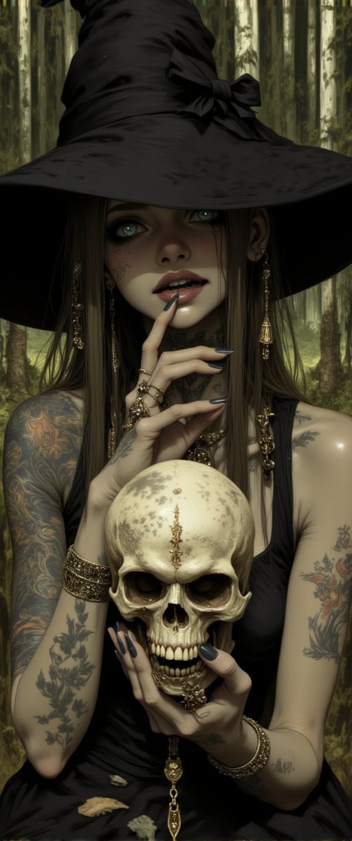 
  A graphic illustration that is a portrait of an angry witch in the forest. She has a witch hat, long hair, jewelry, and tattoos on her arms and hands. She is holding a skull, her dainty fingers grasp the skull carefully, showing her black nails.  w1tchc0re
