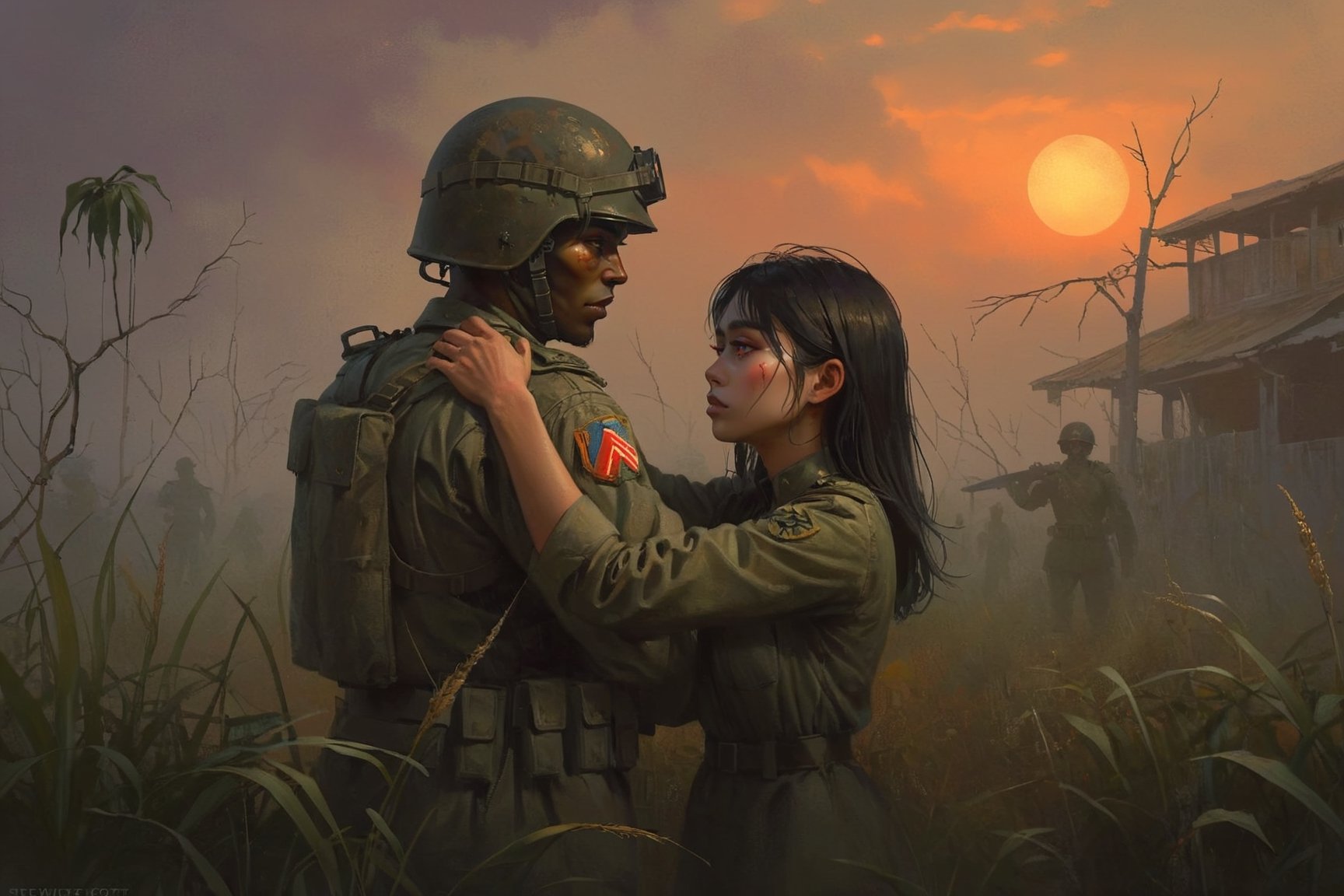 Highly detailed, High Quality, Masterpiece, An illustration, bestquality, best aesthetic, digital painting, ((oil painting)), (close-up upper body:1.5), [: a vietnan war concept art,Vietnamese girl bringing his hand closer to the face in a loving gesture to an american rude soldier ,in an abandoned leafy field with war fog], sunset, raw love scenne, greg rutkowski,DonMn1ghtm4reXL,aw0k euphoric style