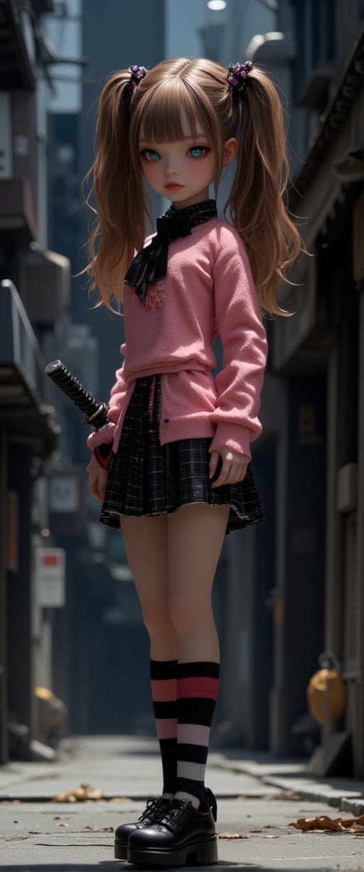 a female doll stands in a dark alleyway, holding a sword in her right hand. She is dressed in a pink long-sleeved shirt, a black skirt, and striped socks. Her hair is a vibrant shade of brown, and her eyes are a piercing blue. She has a black bow tie around her neck, adding a pop of color to her outfit. Her left hand is positioned in front of her body, while the right hand is resting on her hip. Her shadow is cast on the wall on the right side of the image.