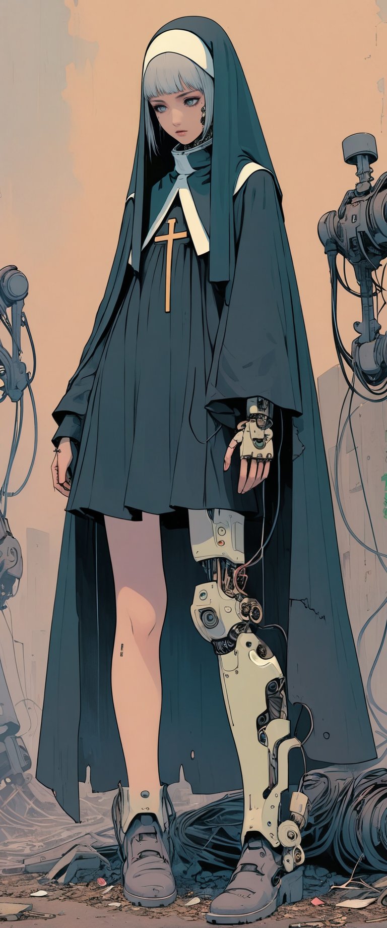 1 girl, cyborg nun , android, knelling, desesperate, sad, garbage, scrapy yard, parts,mechanical joints,ani_booster,digital artwork by Beksinski,more detail XL,anime,Dark Manga of