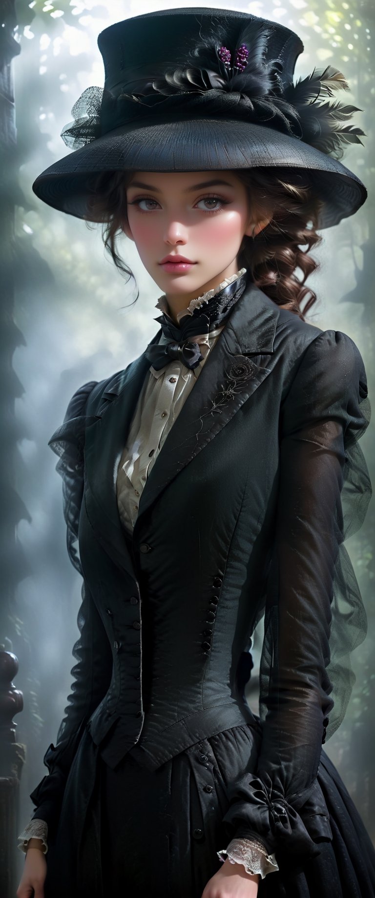 a humanoid Victorian lady., in a foggy 1900's angst,

black tailcoat,

black hat,

full-length, 

digital graphics, 

great composition, 

sharp focus, 

very high quality and sharpness, 

beautiful play of light and shadow, 

super high detail, 

hyper-realistic, Mysterious